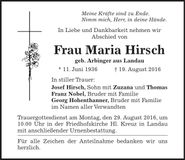 Traueranzeige Maria Hirsch
