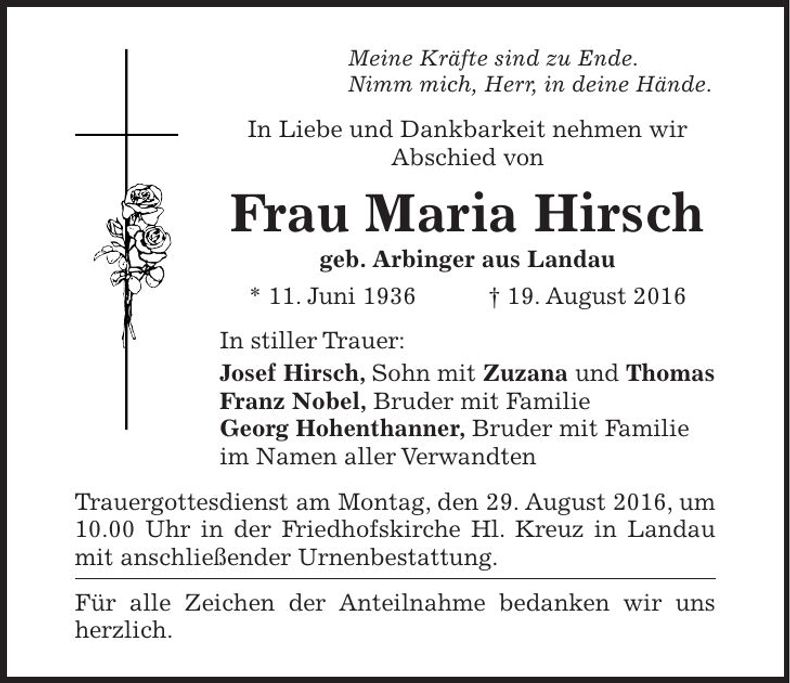 Traueranzeige Maria Hirsch