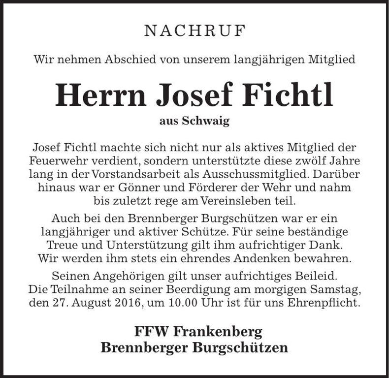 Traueranzeige Josef Fichtl