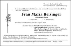 Traueranzeige Maria Reisinger