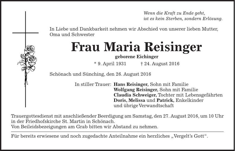 Traueranzeige Maria Reisinger
