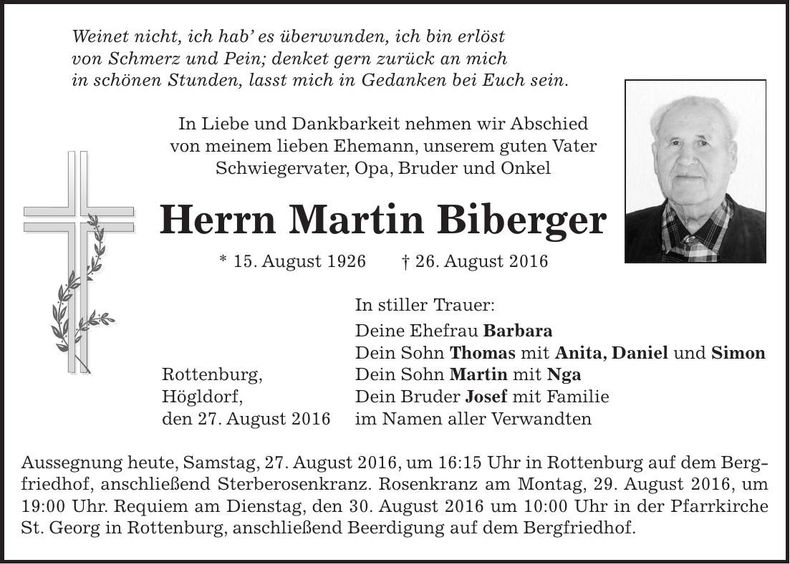 Traueranzeige Martin Biberger