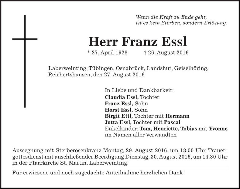 Traueranzeige Franz Essl