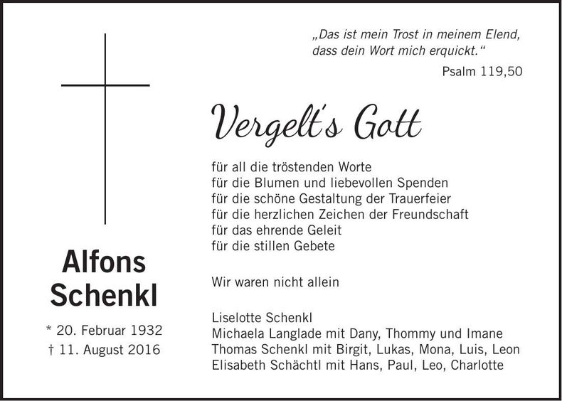 Traueranzeige Alfons Schenkl