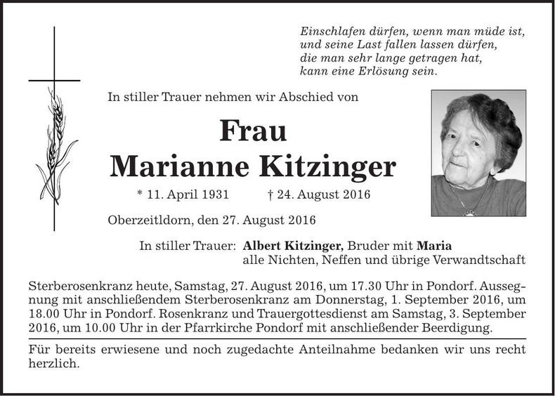 Traueranzeige Marianne Kitzinger