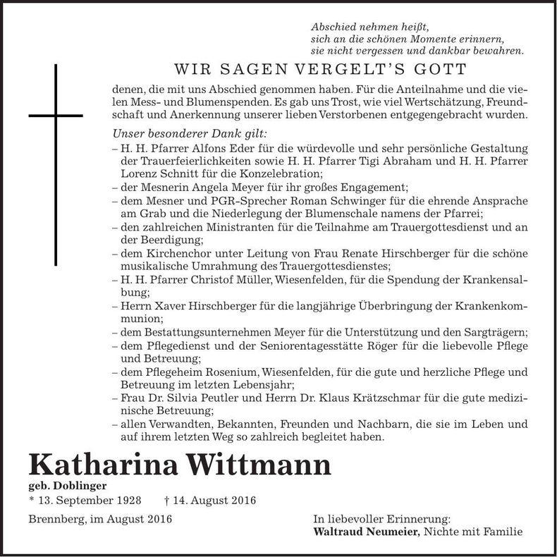 Traueranzeige Katharina Wittmann
