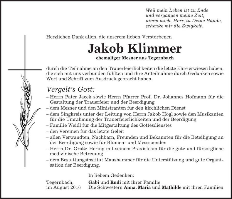 Traueranzeige Jakob Klimmer