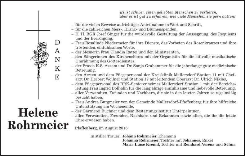 Traueranzeige Helene Rohrmeier