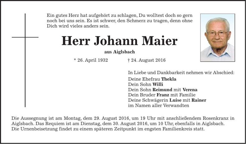 Traueranzeige Johann Maier