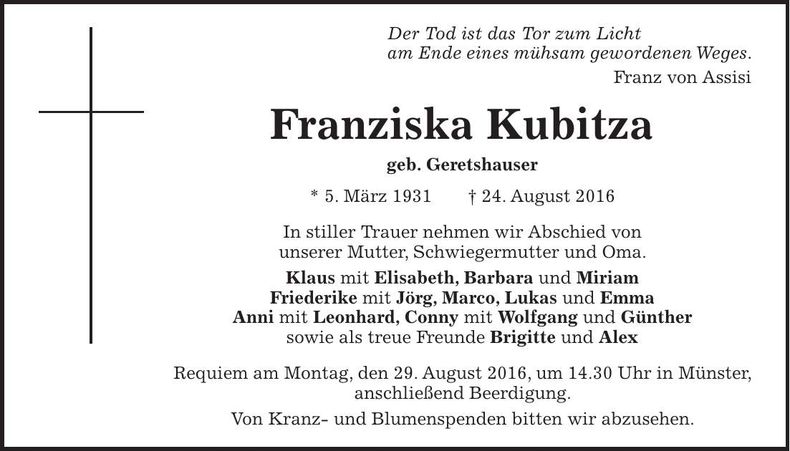 Traueranzeige Franziska Kubitza