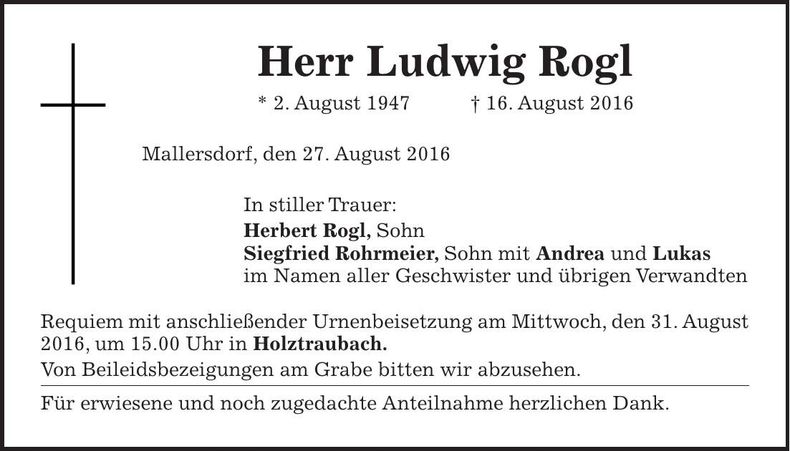 Traueranzeige Ludwig Rogl