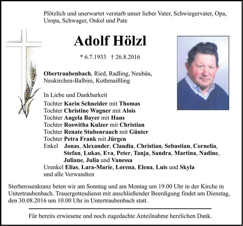 Traueranzeige Adolf Hölzl