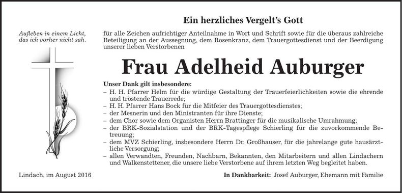 Traueranzeige Adelheid Auburger