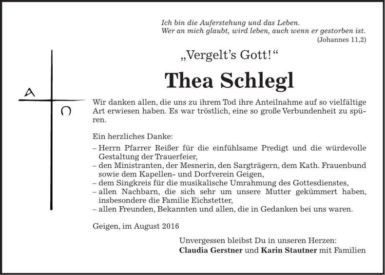 Traueranzeige Thea Schlegl