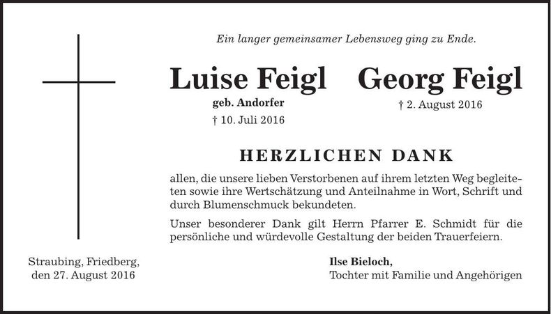 Traueranzeige Luise und Georg Feigl