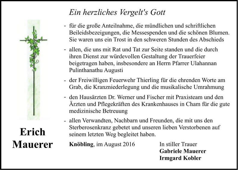 Traueranzeige Erich Mauerer
