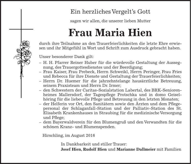 Traueranzeige Maria Hien