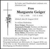 Traueranzeige Margarete Geiger