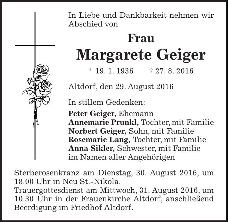Traueranzeige Margarete Geiger