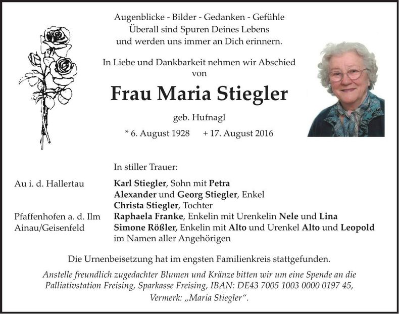 Traueranzeige Maria Stiegler