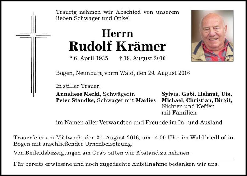 Traueranzeige Rudolf Krämer