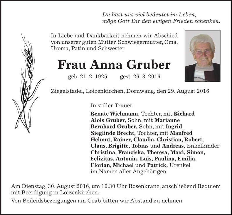 Traueranzeige Anna Gruber
