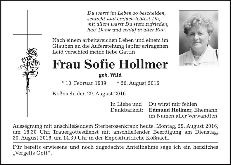 Traueranzeige Sofie Hollmer