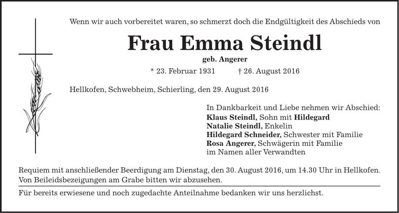 Traueranzeige Emma Steindl