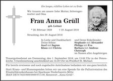 Traueranzeige Anna Grüll