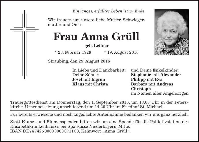 Traueranzeige Anna Grüll