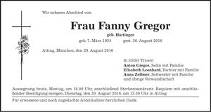 Traueranzeige Fanny Gregor