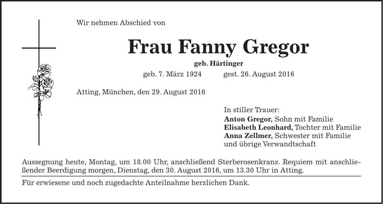 Traueranzeige Fanny Gregor