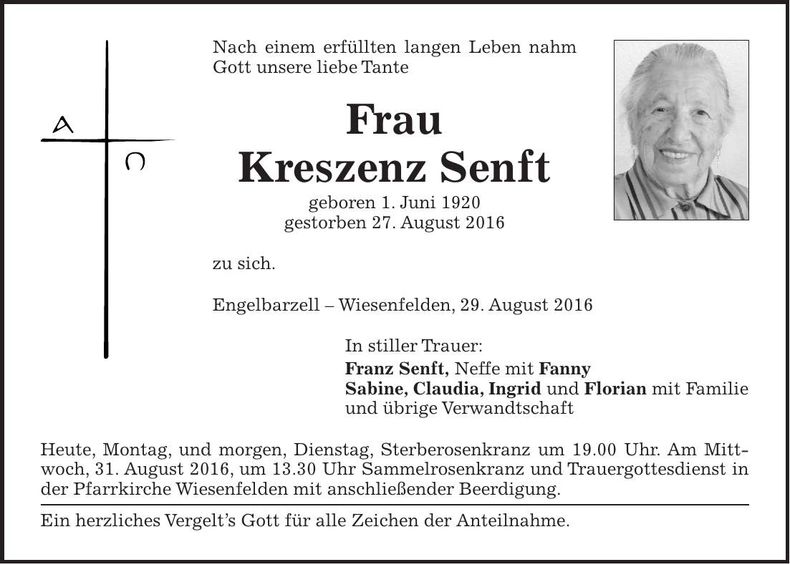 Traueranzeige Kreszenz Senft