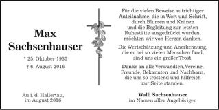 Traueranzeige Max Sachsenhauser