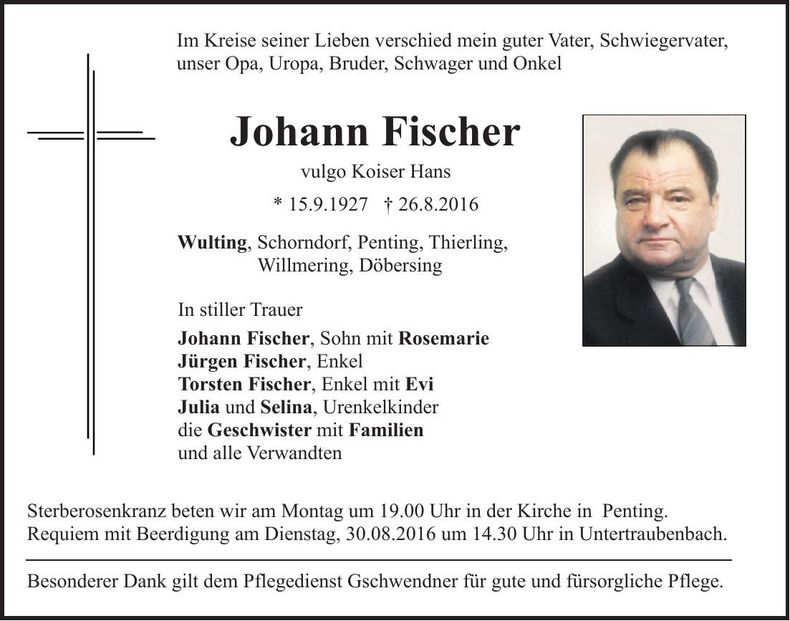 Traueranzeige Johann Fischer