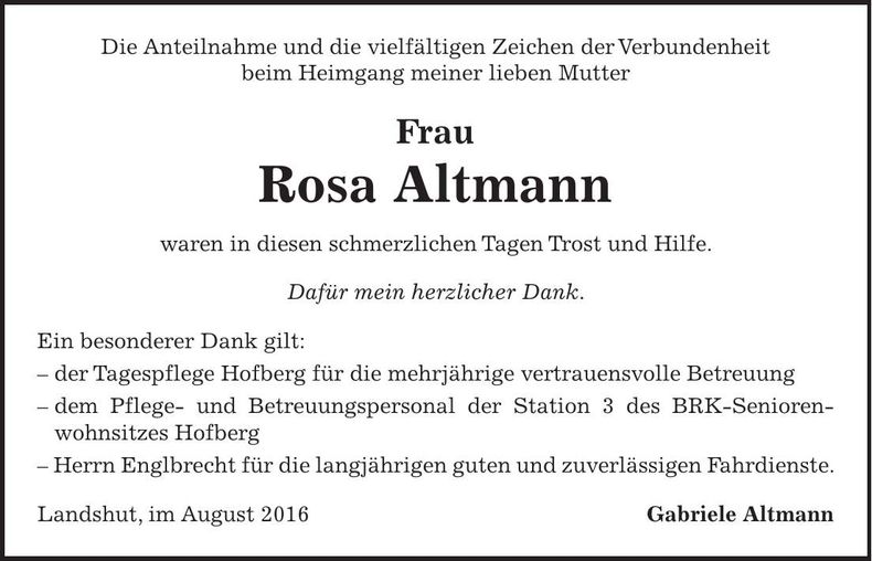 Traueranzeige Rosa Altmann