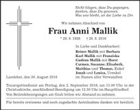 Traueranzeige Anni Mallik