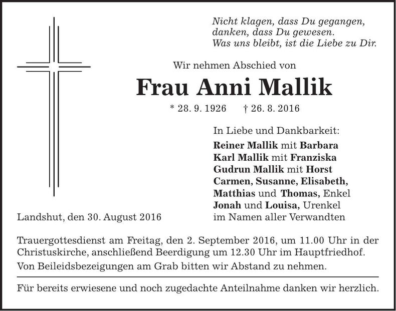 Traueranzeige Anni Mallik