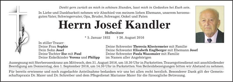 Traueranzeige Josef Kandler