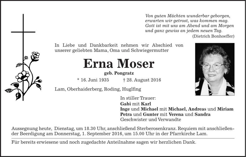 Traueranzeige Erna Moser