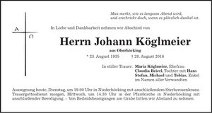 Traueranzeige Johann Köglmeier