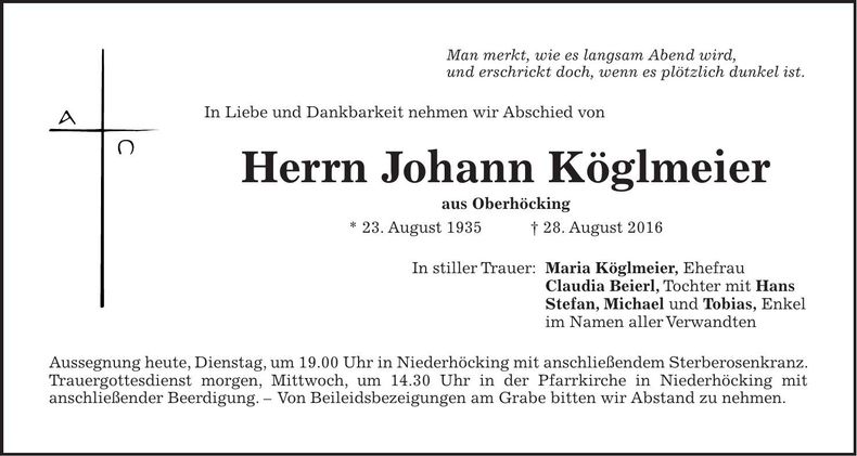 Traueranzeige Johann Köglmeier