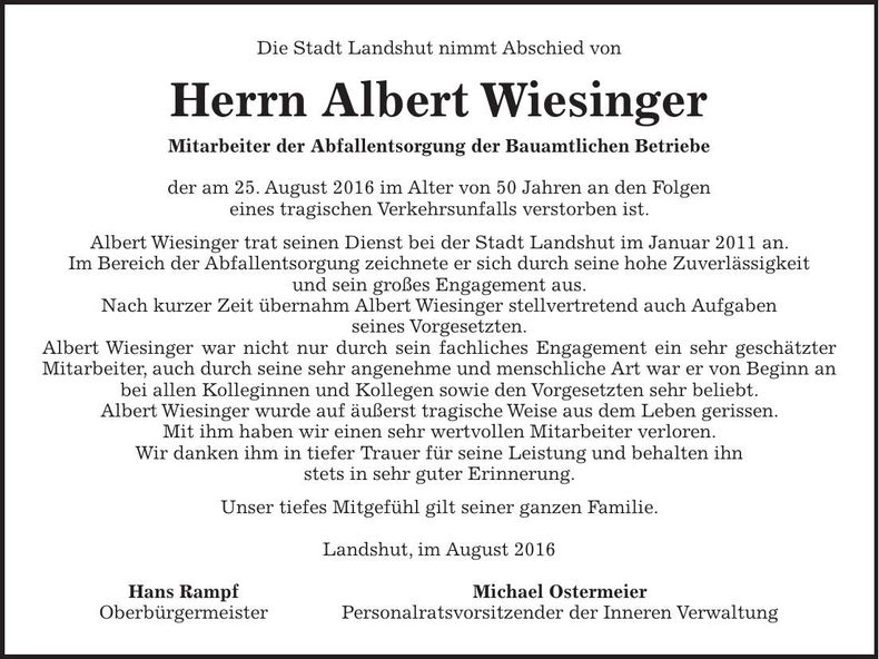 Traueranzeige Albert Wiesinger