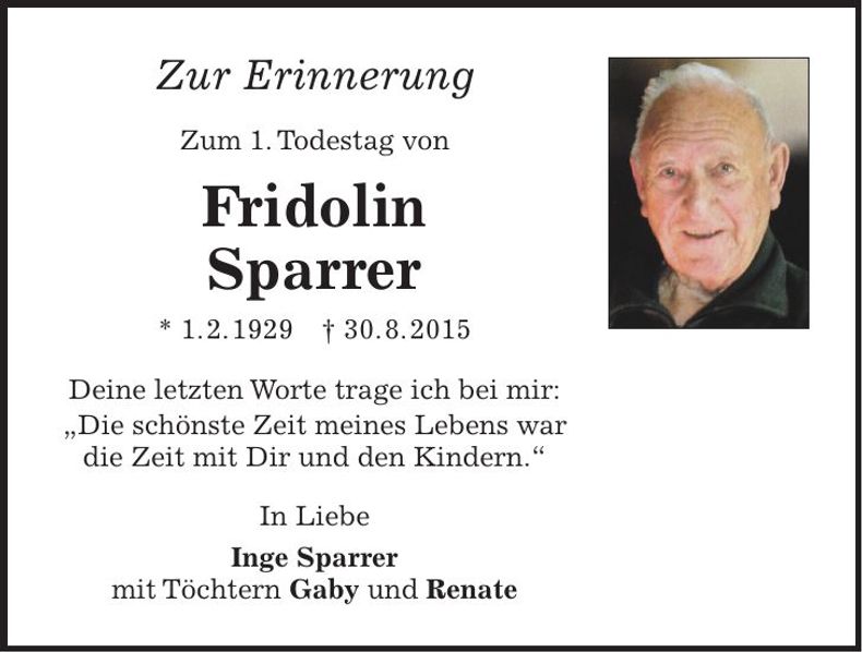 Traueranzeige Fridolin Sparrer
