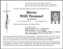Traueranzeige Willi Tremmel
