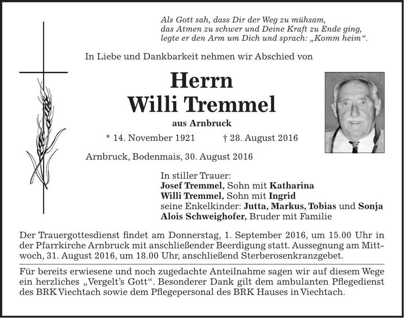 Traueranzeige Willi Tremmel