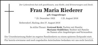 Traueranzeige Maria Riederer