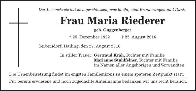 Traueranzeige Maria Riederer