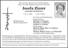 Traueranzeige Josefa Zierer