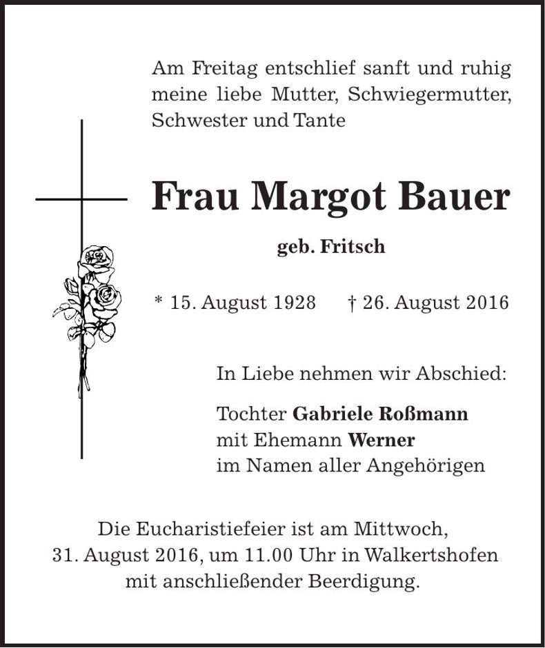 Traueranzeige Margot Bauer